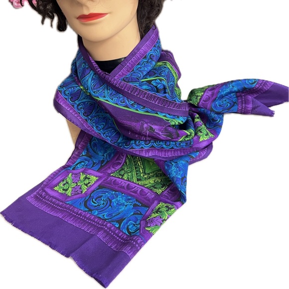 VINTAGE ADRIENNE VITTADINI SILK SCARF Geometric Design Vibrant Purple Green Blue - Picture 7 of 17